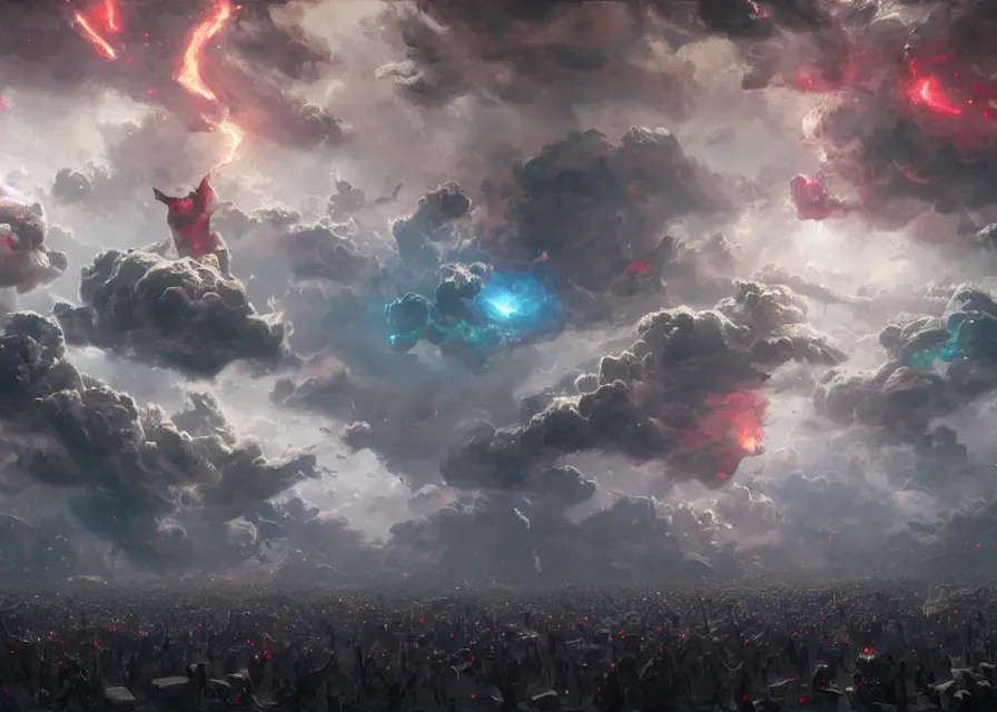 Prompt: large abstract painting of giant Joe Biden cosmic clouds ermerging grinning at giant immense crowd of person army, trending on ArtStation, masterpiece, by Greg Rutkowski, by Ross Tran, by Fenghua Zhong, octane, lightbeam eyes, soft render, clear facial features, oil on canvas,, moody lighting, cinematic, professional environment concept art