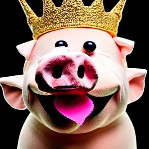 Image similar to studio photograph of a pig wearing a gold crown depicted as a muppet holding sign