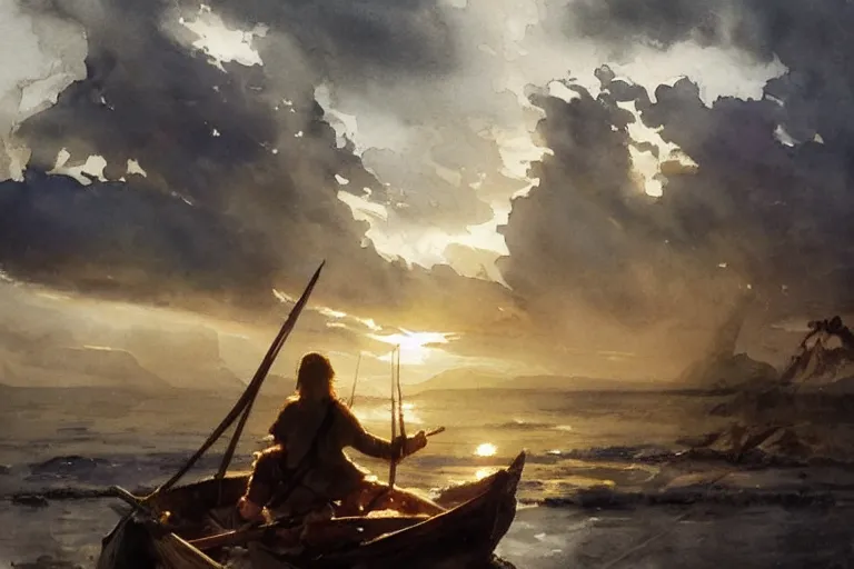 Image similar to watercolor painting of scandinavian mythology, magical, ambient lighting, art by hans gude, art by hans dahl, by jesper ejsing, art by anders zorn, wonderful masterpiece by greg rutkowski, cinematic light, american romanticism by greg manchess, creation by tyler edlin, heavy clouds and sun