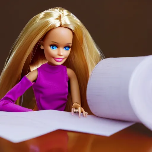 Image similar to a barbie doll with an exhausted!!!! expression sits at a desk with several large stacks of paper on it. her head is resting on her hand. golden hour, photorealistic,