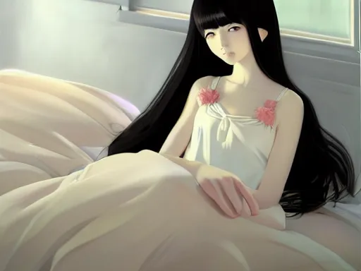 Image similar to animated little girl with an long black hair dressed in a simple white dress sitting in bed, anime art style, digital art ilya kuvshinov, inspired by balthus, hd, 4 k, hyper detailed, dark, anatomically correct, angelic face, perfect composition