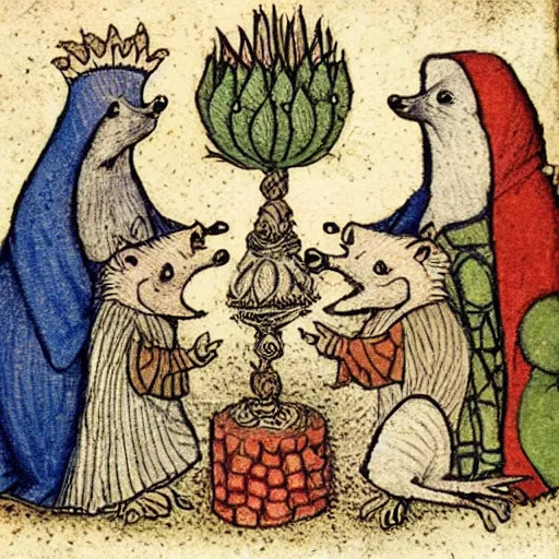 Prompt: hedgehog wedding, medieval book illustration , stunning masterpiece