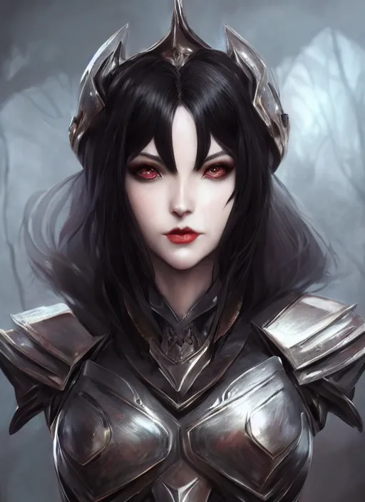 Image similar to full plate armor!!! beautiful and elegant dark hair female vampire!! gorgeous ayes!! character concept art, sharp focus, octane render! unreal engine 5! highly rendered!! trending on artstation!! detailed linework!! illustration by artgerm, wlop, and chie yoshii