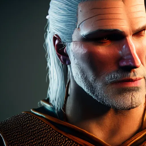 Image similar to portrait of geralt of rivia from the witcher, unreal engine, octane render, studio lighting, intricate details, realistic