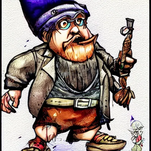 Image similar to Gnome Alchemist dressed like a mobster from the ant hill mob on Wacky Races, drawn by Yoji Shinkawa, water color, Dungeons and Dragons, Wizards of the Coast