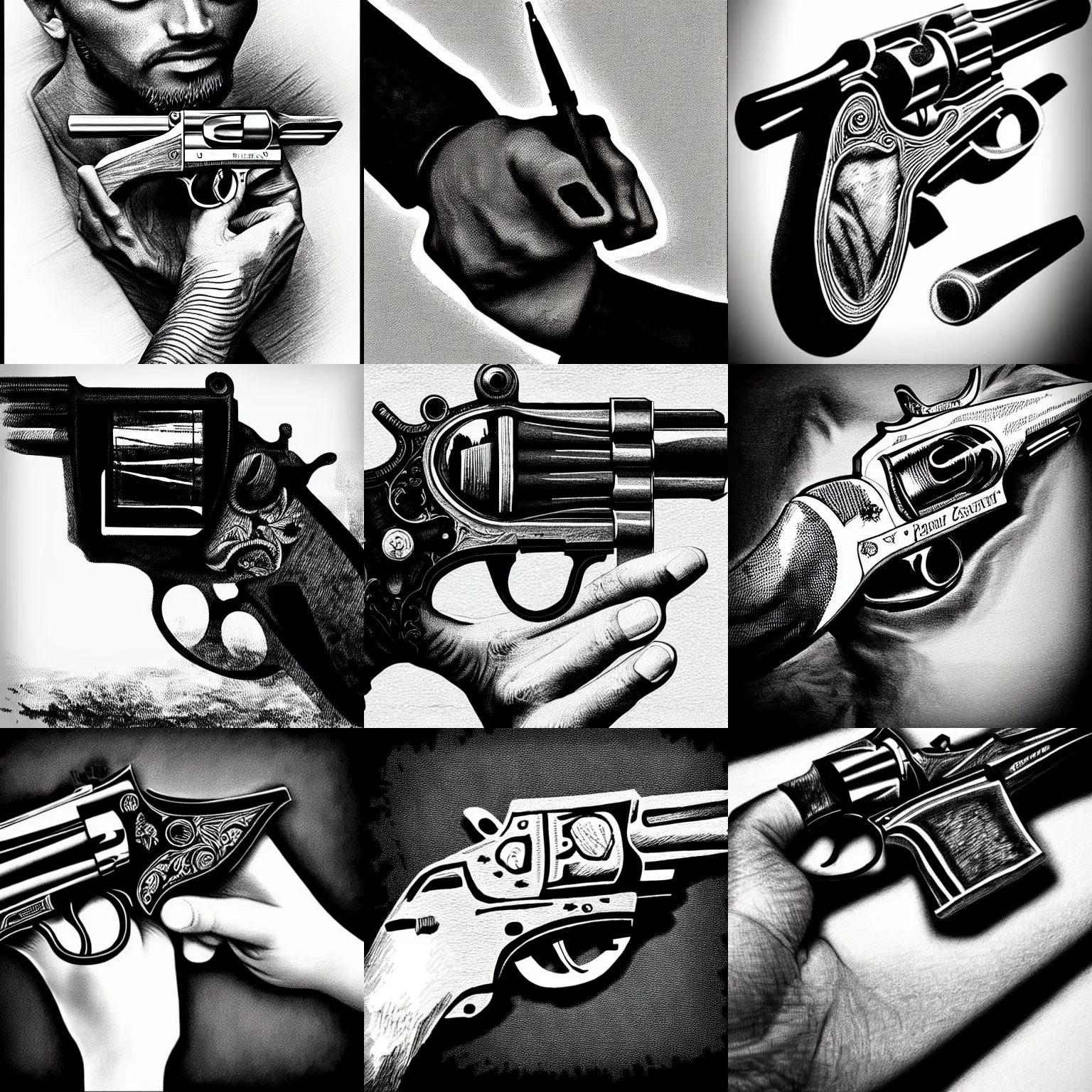 Prompt: pen and ink portrait of a revolver in your hand, impressive scene. grainy and rough. black and white colour scheme. beautiful artistic detailed digital art