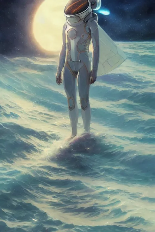 Prompt: Spaceman lost in the ocean, space themed, highly detailed, digital painting, artstation, concept art, smooth, sharp focus, illustration, art by artgerm and greg rutkowski and alphonse mucha