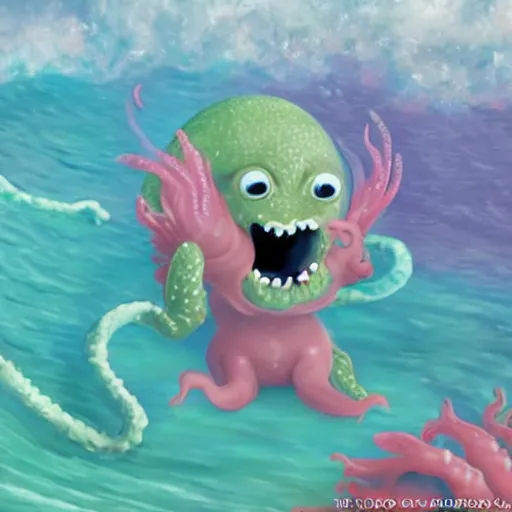 Image similar to cute baby cthulu splashing in the ocean