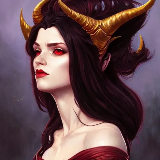 Image similar to an epic fantasy comic book style portrait painting of a teifling rouge with medium long dark hair, d & d, fantasy, intricate, elegant, highly detailed, digital painting, artstation, concept art, matte, sharp focus, illustration, art by artgerm and greg rutkowski and alphonse mucha