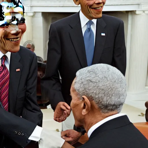 Prompt: photograph of 9 1 - year old former president, john f. kennedy meeting president obama at the white house, taken in 2 0 0 9 by pete souza