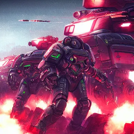Prompt: Videogame poster, luxury advertisement, red, green and black colors. highly detailed sci-fi close-up heavy infantry troops in black armor and futuristic tanks, at devastated city in style of cytus and deemo, alien vibes, by Greg Rutkowski, set in C&C3 tiberium wars, beautiful with eerie vibes, very inspirational, very stylish, with gradients, surrealistic, dystopia, postapocalyptic, depth of field, shadows, rich cinematic atmosphere, perfect digital art, action, dybanic, dangerous journey in devastated world, beautiful dramatic dark moody tones and studio lighting, shadows, octane render, arthouse