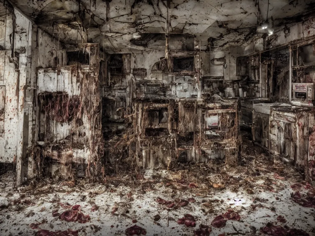Prompt: a house made of disgusting dirty filth grime meat at night realistic hyperdetailed photography
