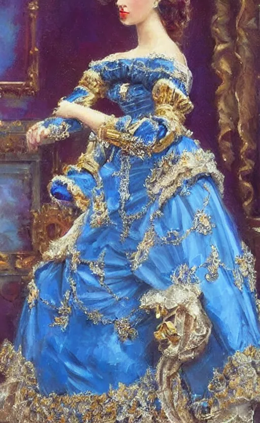 Image similar to Elegant laydy in blue robotic victorian dress with gold ornaments. By Konstantin Razumov, highly detailded