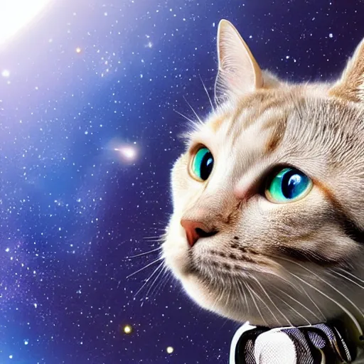 Prompt: ultrarealism, vast spaces, cosmic background, cat in space suit