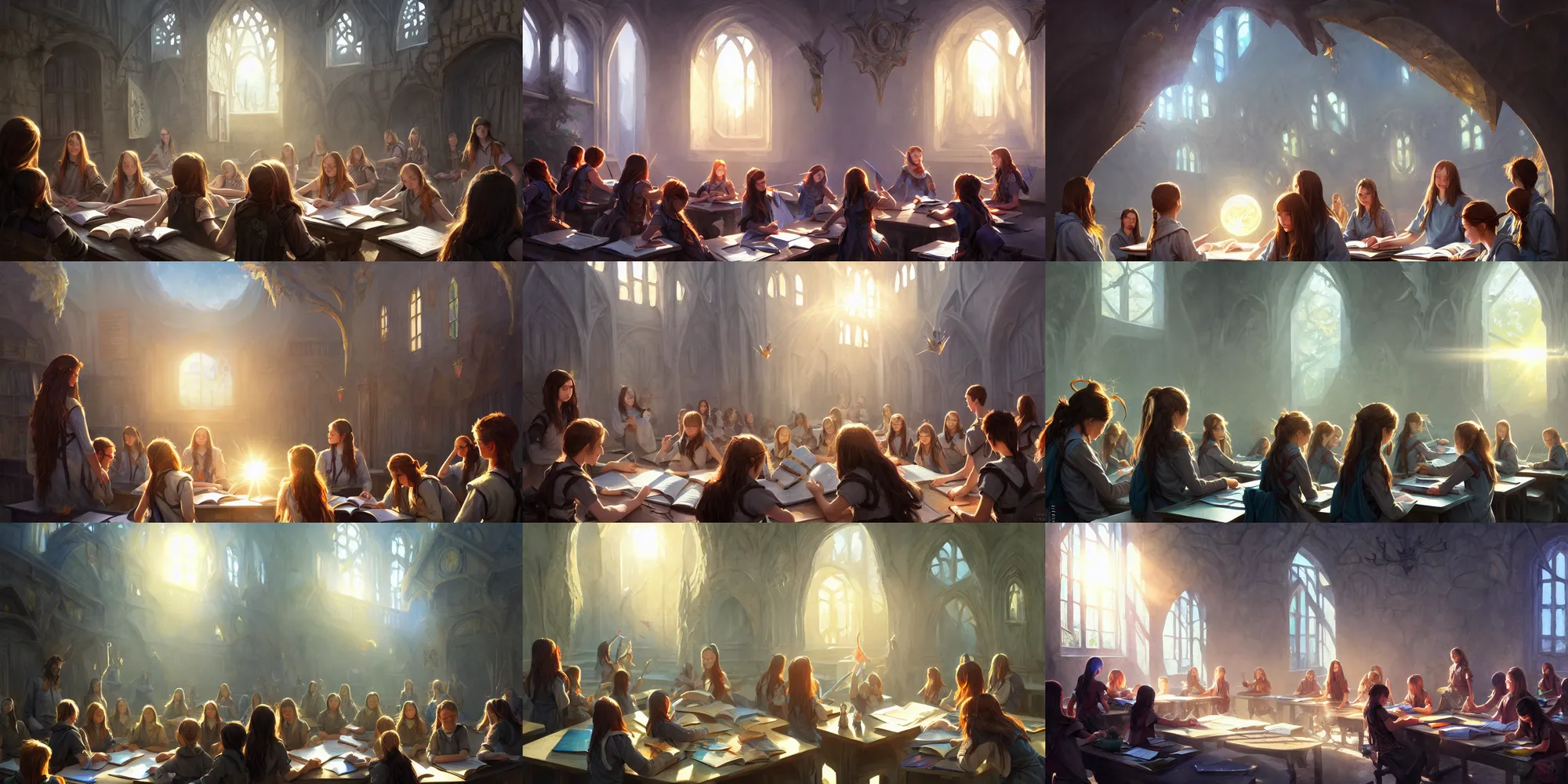 Prompt: Strixhaven school for gifted magical beings, D&D fantasy, magical school, close-up group of students studying, school courtyard, bright day light sun, bloom, lens flare, highly detailed, digital painting, trending on artstation, pixiv, concept art, sharp focus, illustration, art by Greg Rutkowski