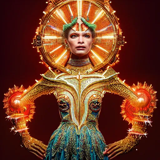 Image similar to uhd photorealisitc inspiring photo of a cosmic piccolo powered up. intricate details. ornate costume. glowing, powering up. hyperdetailed, accurate, global lighting. accurate face. symmetrical face. correct face. photo by annie leibowitz and steve mccurry