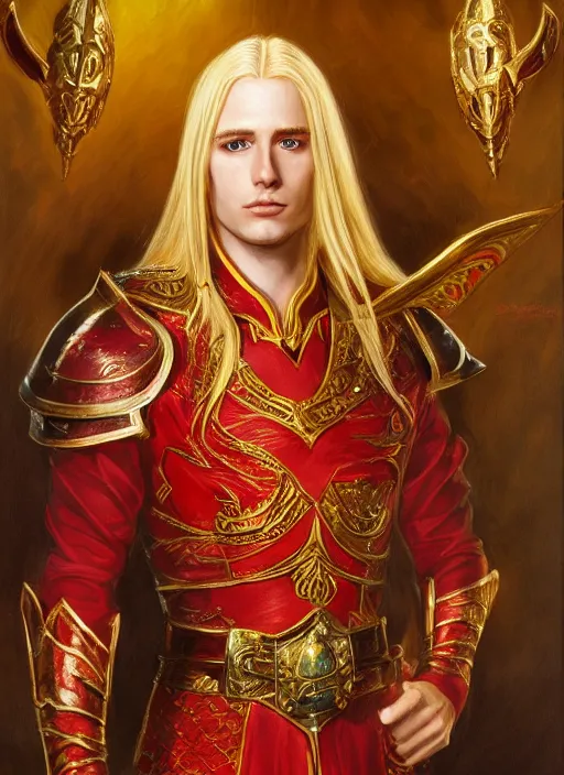 Image similar to a portrait of a noble high elf with long blonde hair, young adult male, wearing red and gold ornate attire, style by donato giancola, wayne reynolds, jeff easley dramatic light, high detail, cinematic lighting, artstation, dungeons and dragons