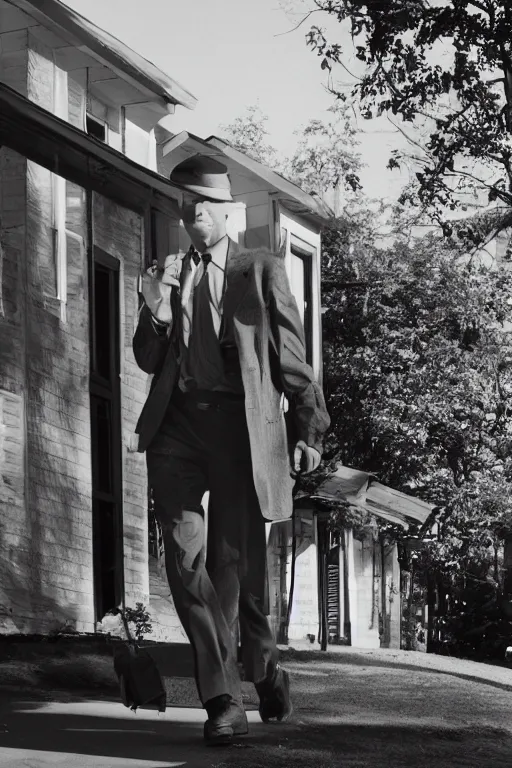 Image similar to a 5 0's detective coming home, residential neighborhood