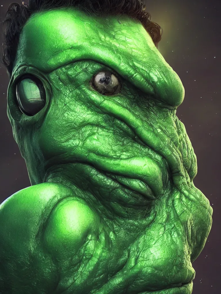 Prompt: selfie of a man, green skin, studio photoshot, 2 eyes, ( ( alien ) ), cinematic, cosmic background, high quality, cgsociety, artgerm, 4 k, uhd, 5 0 mm, trending on artstation