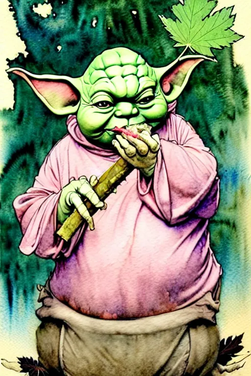 Image similar to a realistic and atmospheric watercolour fantasy character concept art portrait of a fat yoda with pink eyes giggling and holding a blunt with a pot leaf nearby, by rebecca guay, michael kaluta, charles vess and jean moebius giraud