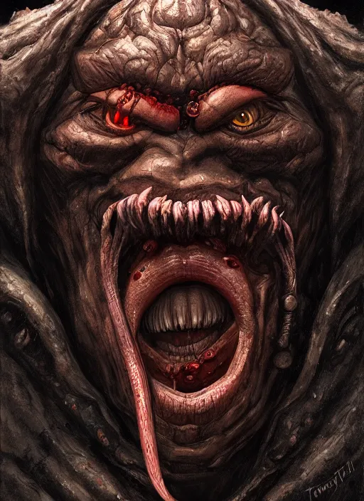 Prompt: close up portrait of a monster in the mountains of hell, one mouth, one nose, two eyes, oil painting by tomasz jedruszek, cinematic lighting, pen and ink, intricate line, hd, 4 k, million of likes, trending on artstation