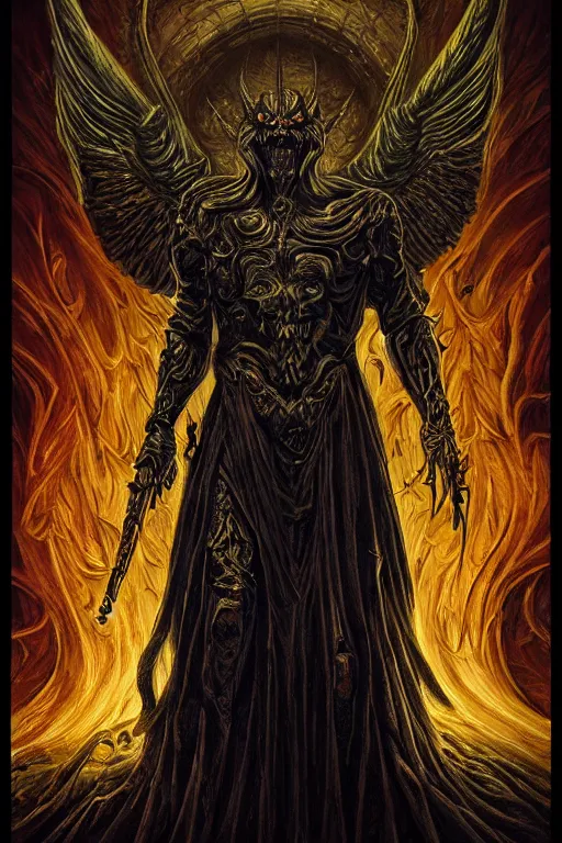 Prompt: portrait of majestic Lucifer Morningstar, in style of Doom, in style of Midjourney, insanely detailed and intricate, golden ratio, elegant, ornate, horror, elite beautiful fallen angel, ominous, haunting, matte painting, cinematic, cgsociety, James jean, Noah Bradley, Darius Zawadzki, vivid and vibrant