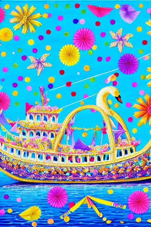 Prompt: highly detailed painting of a fantasy ornate embellished swan boat cruise ship covered in flowers, streamers, confetti, pin wheels, kites.