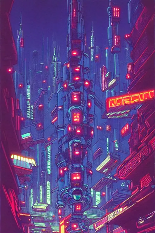 Prompt: astronaut cyberpunk surreal upside down city neon lights by moebius,