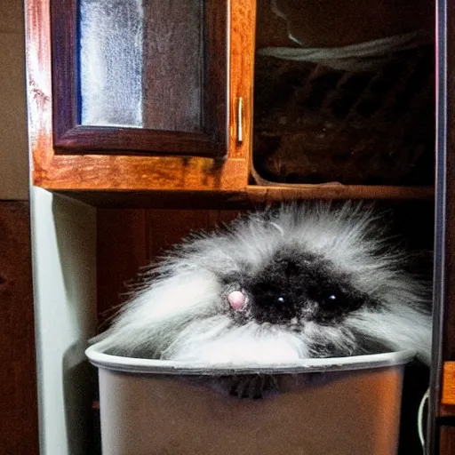 Prompt: strange creepy fuzzy creature found in the cabinet under a sink, dark photograph