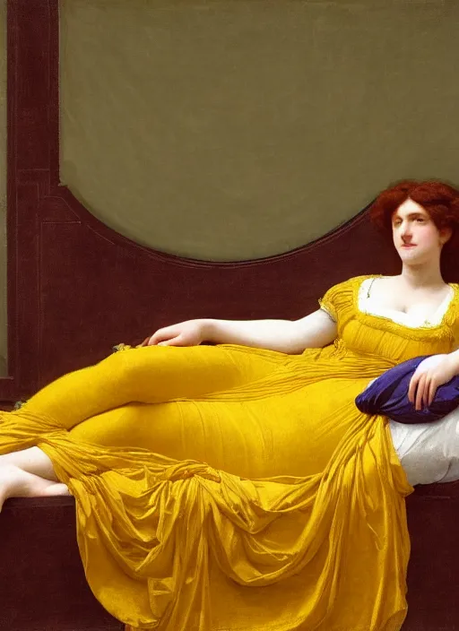 Image similar to masterpiece portrait of lady reclining on bed wearing yellow ochre ornate medieval dress, vertical, foreshortening, colour photography by frederic leighton, william morris, 8 k