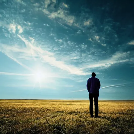 Prompt: a man standing in a open field with a rift in the sky, wide angle shot, hd, intricate detail