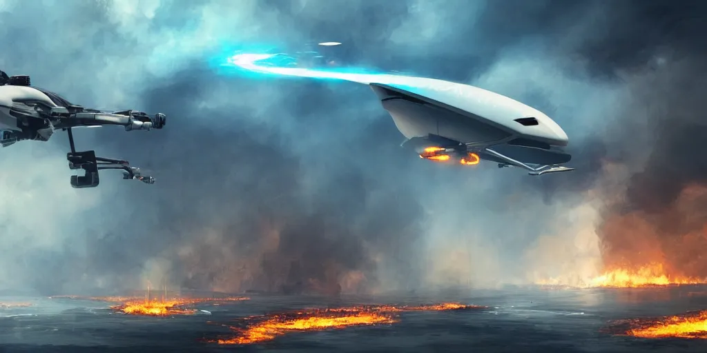 Image similar to futuristic drone putting out a fire with water, digital art, matte painting, artstation, concept art