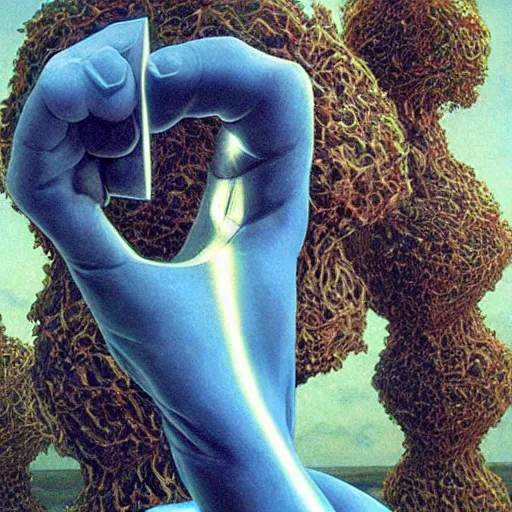 Prompt: A sculpture. A rip in spacetime. Did this device in his hand open a portal to another dimension or reality?! by Michael Whelan organic, expressive