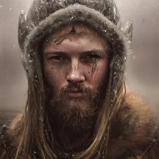 Prompt: ragnar lothbrook, a viking with long blonde hair and braided beard, helmet, fur shoulder pads, scarred, wet, raining, close up, rim lighting, portrait, sinister atmospheric lighting. highly detailed painting by greg rutkowski, anime style