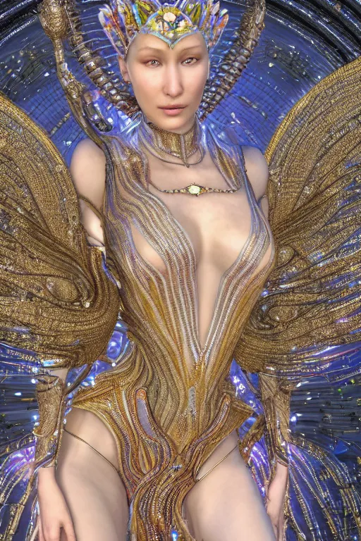 Prompt: a highly detailed metahuman 4 k close up render of an alien goddess bella hadid as durga in iris van herpen dress schiaparelli in diamonds swarovski and jewelry in style of alphonse mucha gustav klimt trending on artstation made in unreal engine 4