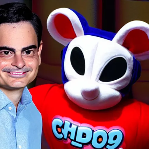 Image similar to ben shapiro in a chuck e cheese costume with the mask off