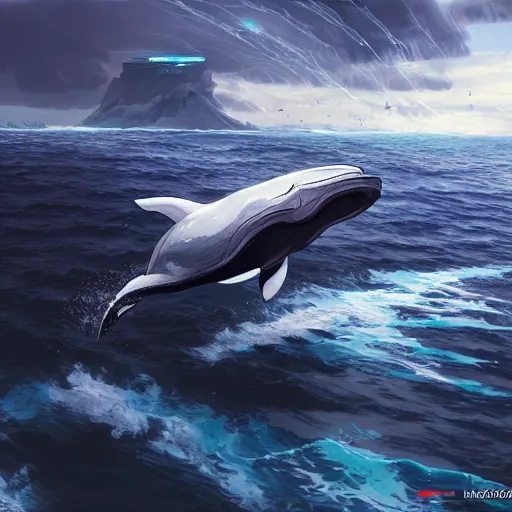 Prompt: mecha whale breaching the stormy ocean, artstation, cyberpunk, symmetry, photo realism