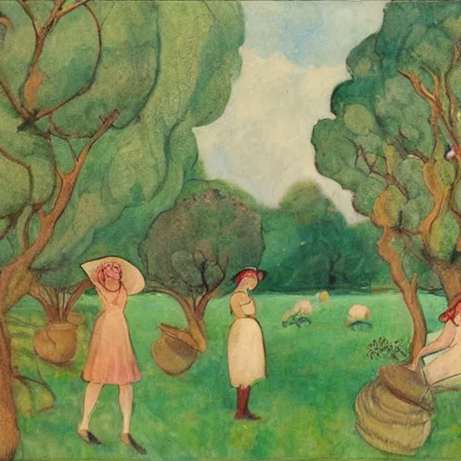 Prompt: A beautiful conceptual art depicting a farm scene. The conceptual art shows a view of an orchard with trees in bloom. by Gerda Wegener, by Peter Milligan dynamic