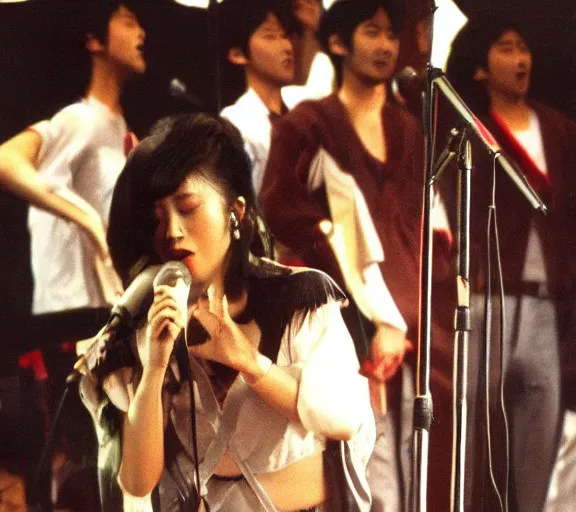 Image similar to photo of singer singing in an japan 1 9 8 0 pop big concert, color photo, colored