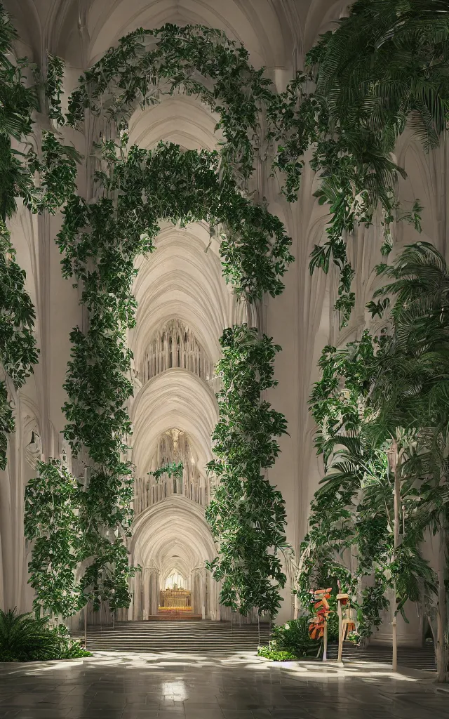 Image similar to beautiful grand cathedral interior with!! koi pond!! in the! middle! surrounded by palm trees, ivy,!! flowers!!, ( tropical plants ),!! roses!!, and with archways, rendered in octane render with photorealistic volumetric cinematic lighting, wide angle, horizontal symmetry, symmetrical! 8 k