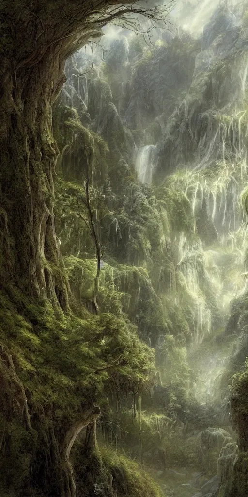 Image similar to Galadriel's glade, detailed matte painting, cinematic, Alan Lee, Artstation