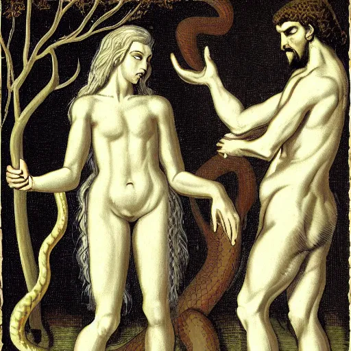 Image similar to adam and eve shaking hands with an anthromorphic snake