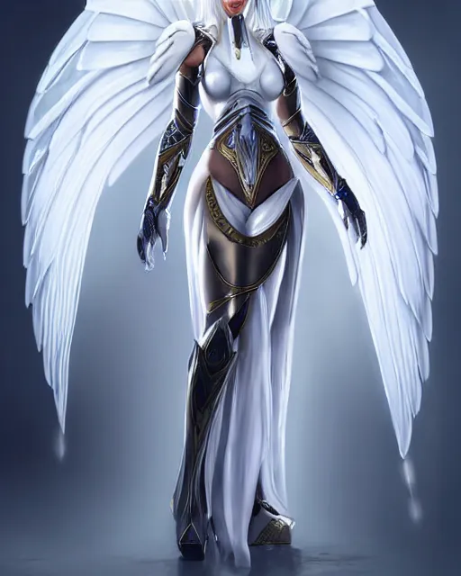 Image similar to perfect white haired attractive egyptian goddess with huge white dove wings, warframe armor, beautiful, symmetric, dreamy, half asian, pretty face, blue eyes, detailed, scifi platform, laboratory, experiment, 4 k, ultra realistic, epic lighting, android body, illuminated, cinematic, masterpiece, art by akihito tsukushi, voidstar