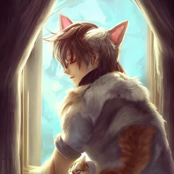 Prompt: boy with cat ears and tail on window sill, fantasy artwork, award winning, hyper detailed, very very very very very very very very very very very very very very very very very beautiful, studio lighting, artstation