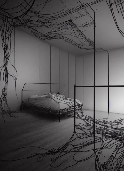 Prompt: rgb wires, empty room, cinematic, movie scene, inspired by zdzislaw beksinski, veins,, cables everywhere, bedroom, ultra realistic, concept art, intricate details, highly detailed, photorealistic, octane render, 8 k