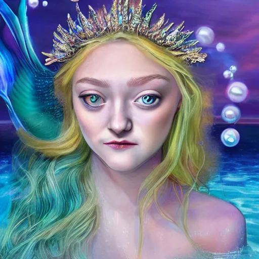 Image similar to dakota fanning portrait, fantasy, mermaid, hyperrealistic, game character, underwater, highly detailed, sharp focus, cinematic lighting, pearls, glowing hair, shells, gills, crown, water, highlights, starfish, jewelry, realistic, digital art, pastel, magic, fiction, ocean, king, colorful hair, sparkly eyes, fish, heroic, goddess, waves, bubbles, queen