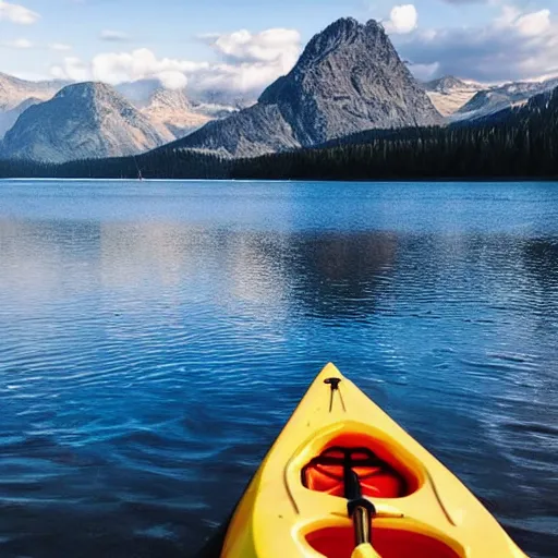 Image similar to a beautiful image of a breathtaking lake with amazing mountains in the background, there is a kayak in the foreground on the beach, landscape