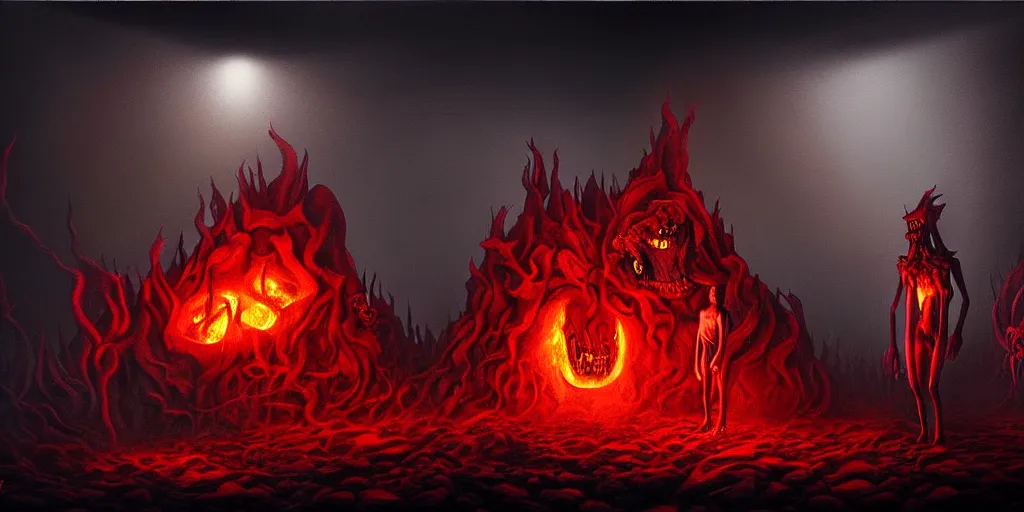 Image similar to repressed emotion creatures and monsters at the mouth of hell, dramatic lighting glow from giant fire, attempting to escape and start a revolution, in a dark surreal painting by ronny khalil