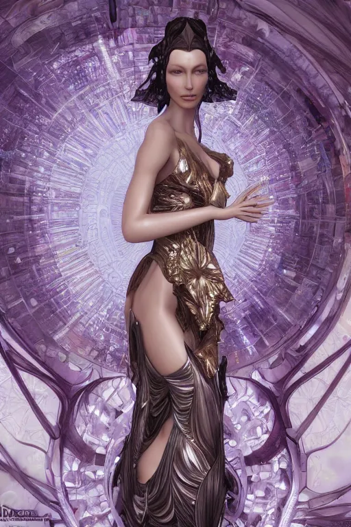 Prompt: a portrait of a beautiful ancient alien woman goddess bella hadid fairy standing in iris van herpen dress in diamonds and fractals in style of alphonse mucha art nuvo dmt trending on artstation made in unreal engine 4