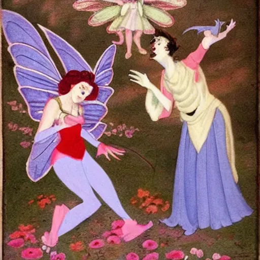 Image similar to a beautiful fairy princess is angry at a jester